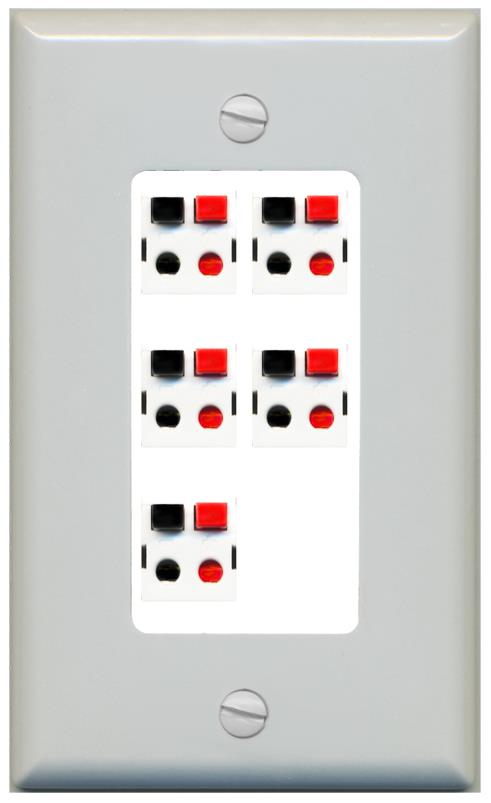 RiteAV 5 Port Speaker Wire Plug Jack Wall Plate - 1 Gang [Gray/White]