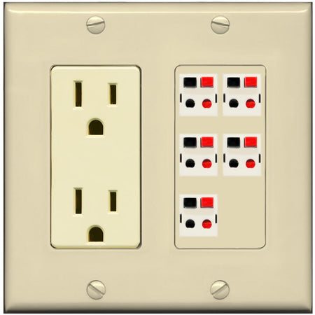 RiteAV 5 Port Speaker Wire Plug Jack Wall Plate - Outlet [Ivory/Ivory]