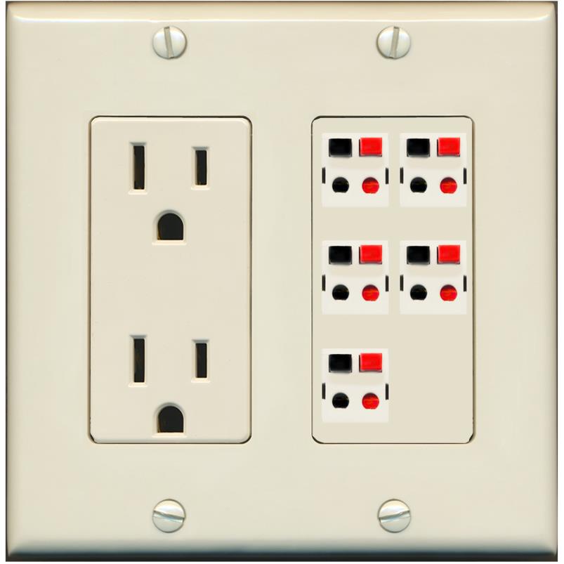 RiteAV 5 Port Speaker Wire Plug Jack Wall Plate - Outlet [Light-Almond]