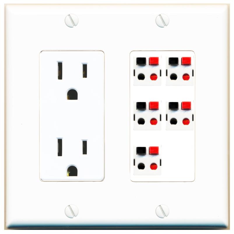RiteAV 5 Port Speaker Wire Plug Jack Wall Plate - Outlet [White]