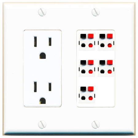 RiteAV 5 Port Speaker Wire Plug Jack Wall Plate - Outlet [White]