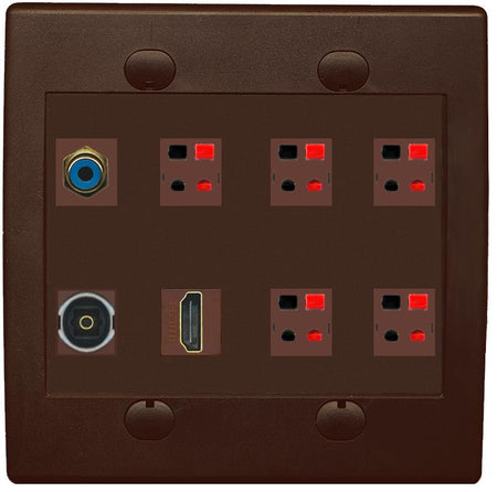 2 Gang Spring Clip Style 5.1 Speaker Wall Plate With 1 Port HDMI TOSLINK RCA Connectors - Flat 2 Gang [Brown/Brown]