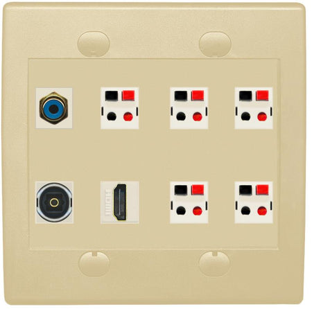 2 Gang Spring Clip Style 5.1 Speaker Wall Plate With 1 Port HDMI TOSLINK RCA Connectors - Flat 2 Gang [Ivory/Ivory]