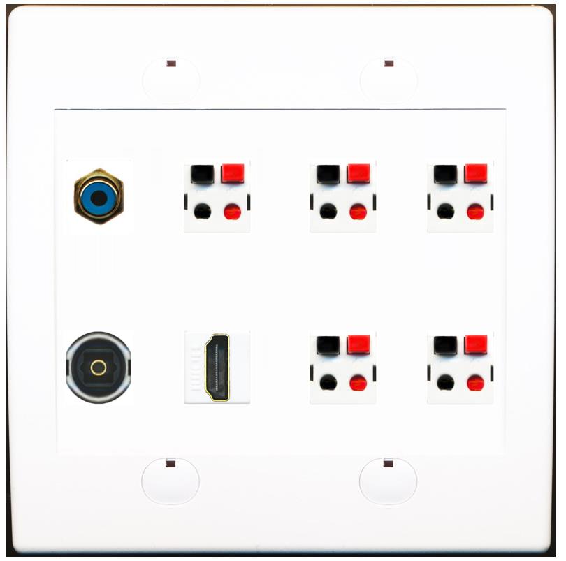 2 Gang Spring Clip Style 5.1 Speaker Wall Plate With 1 Port HDMI TOSLINK RCA Connectors - Flat 2 Gang [White]