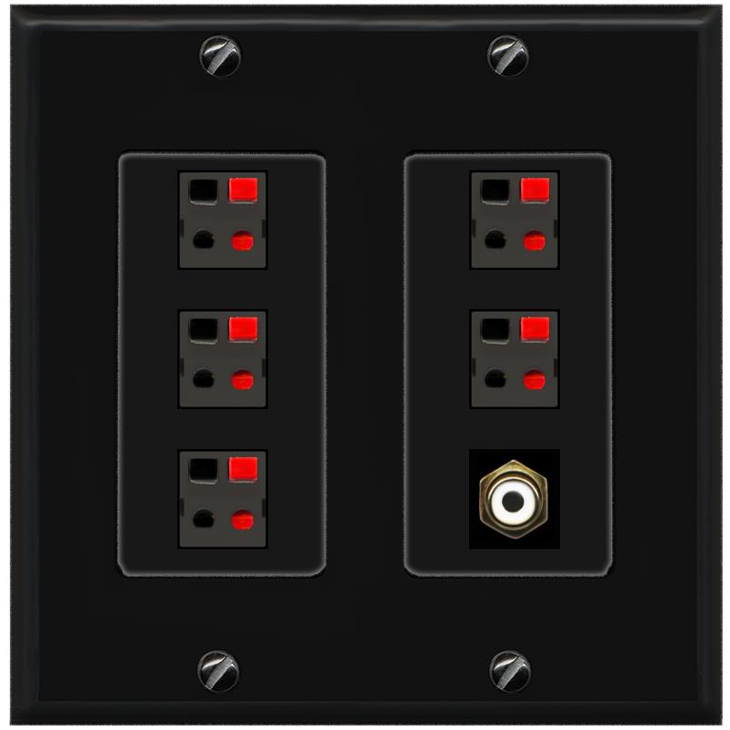 RiteAV 5 Port Speaker Wire Plug Jack Wall Plate with 1 RCA for Subwoofer - 2 Gang [Black/Black]
