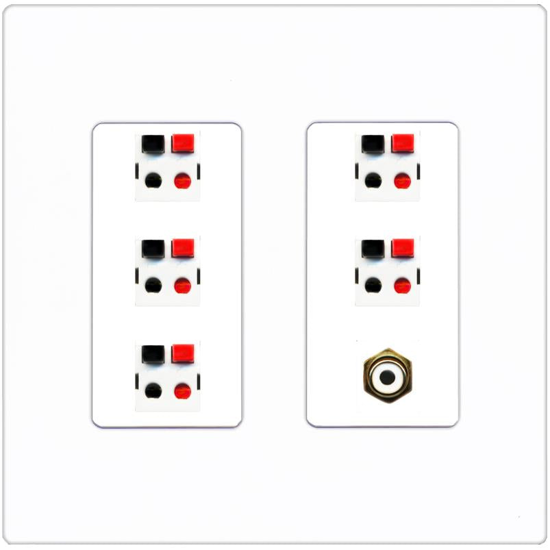 RiteAV 5 Port Speaker Wire Plug Jack Wall Plate with 1 RCA for Subwoofer - 2 Gang [Screwless White]