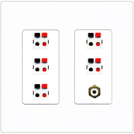 RiteAV 5 Port Speaker Wire Plug Jack Wall Plate with 1 RCA for Subwoofer - 2 Gang [Screwless White]