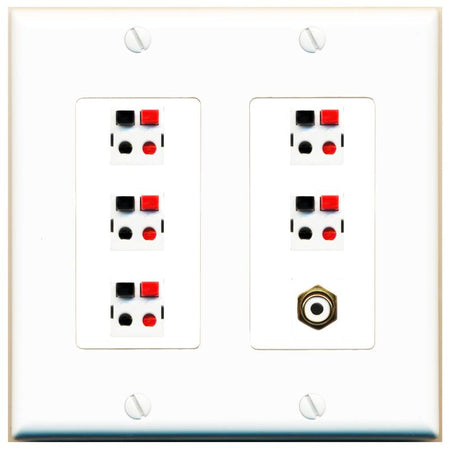RiteAV 5 Port Speaker Wire Plug Jack Wall Plate with 1 RCA for Subwoofer - 2 Gang [White]