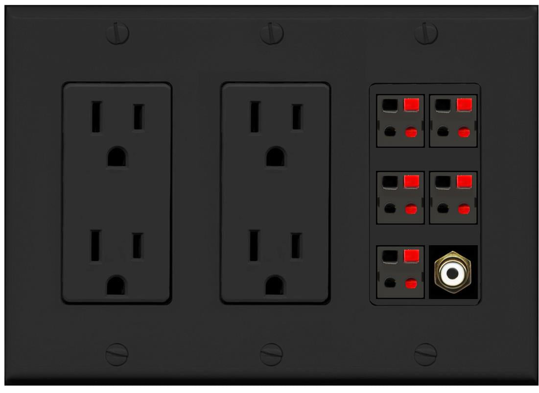 RiteAV 5 Port Speaker Wire Plug Jack Wall Plate with 1 RCA for Subwoofer - 2 Outlet [Black/Black]