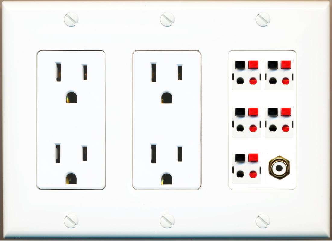 RiteAV 5 Port Speaker Wire Plug Jack Wall Plate with 1 RCA for Subwoofer - 2 Outlet [White]