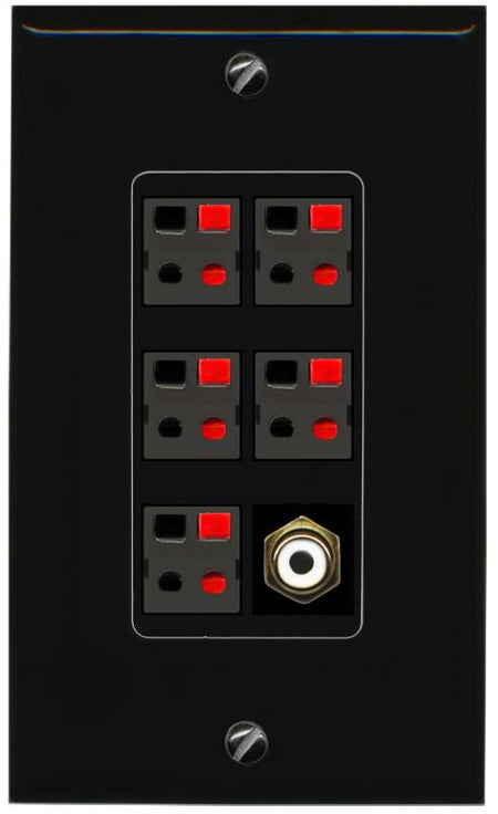 RiteAV 5 Port Speaker Wire Plug Jack Wall Plate with 1 RCA for Subwoofer - 1 Gang [Black/Black]