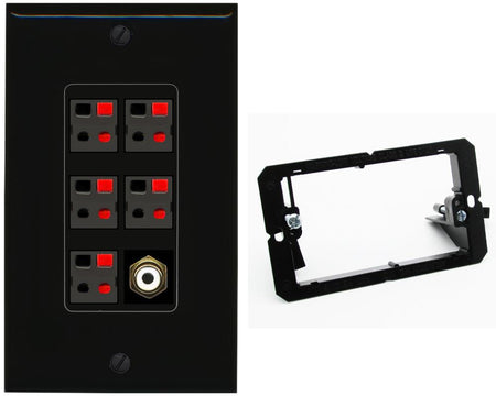 RiteAV 5 Port Speaker Wire Plug Jack Wall Plate with 1 RCA for Subwoofer - Bracket [Black/Black]