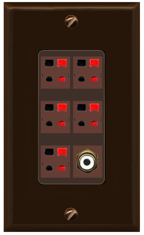 RiteAV 5 Port Speaker Wire Plug Jack Wall Plate with 1 RCA for Subwoofer - 1 Gang [Brown/Brown]