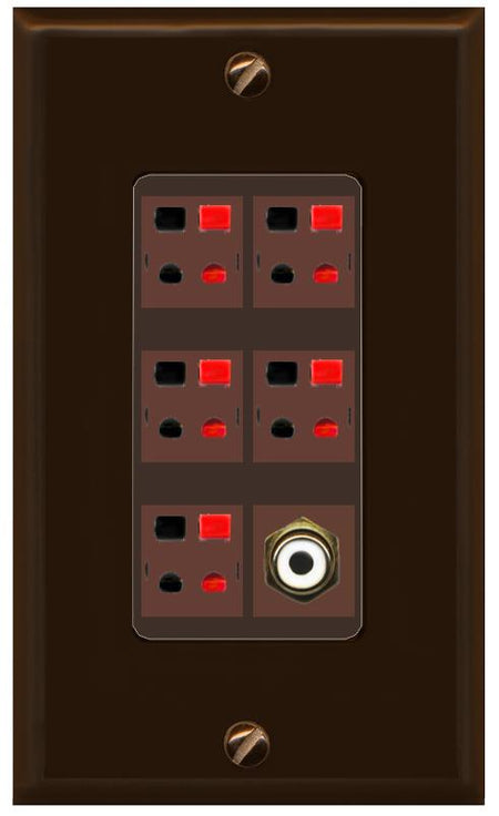 RiteAV 5 Port Speaker Wire Plug Jack Wall Plate with 1 RCA for Subwoofer - 1 Gang [Brown/Brown]