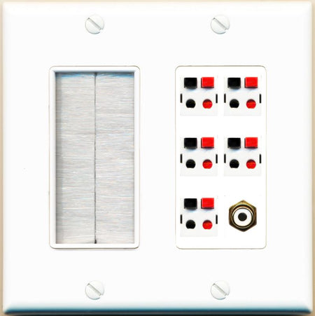 RiteAV 5 Port Speaker Wire Plug Jack Wall Plate with 1 RCA for Subwoofer - Brush [White]
