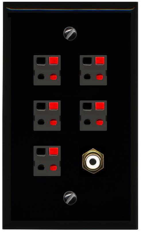 RiteAV 5 Port Speaker Wire Plug Jack Wall Plate with 1 RCA for Subwoofer - Flat [Black/Black]