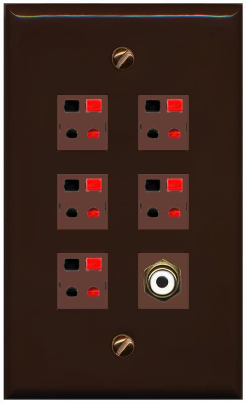 RiteAV 5 Port Speaker Wire Plug Jack Wall Plate with 1 RCA for Subwoofer - Flat [Brown/Brown]
