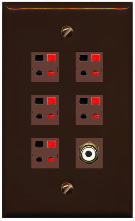 RiteAV 5 Port Speaker Wire Plug Jack Wall Plate with 1 RCA for Subwoofer - Flat [Brown/Brown]