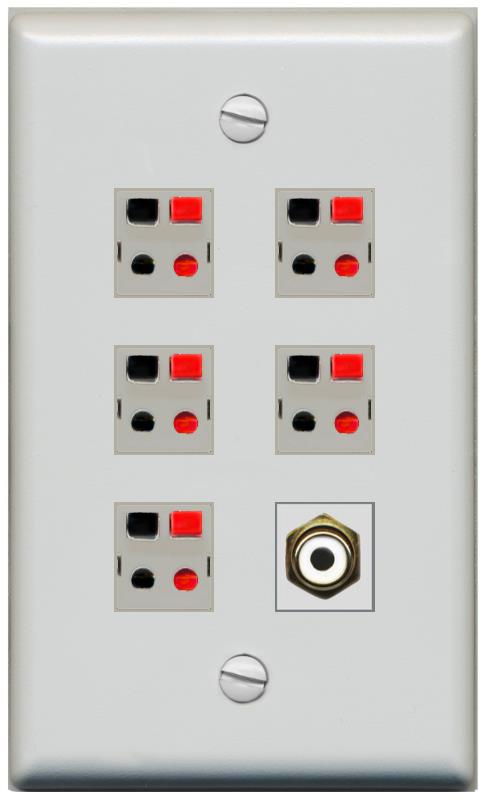 RiteAV 5 Port Speaker Wire Plug Jack Wall Plate with 1 RCA for Subwoofer - Flat [Gray/Gray]