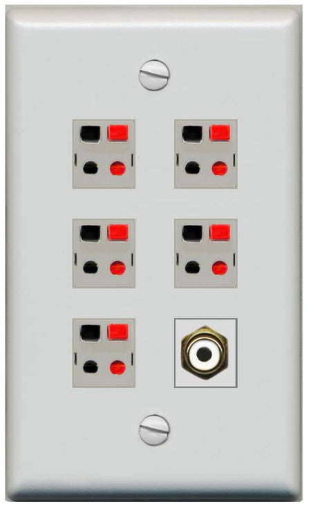 RiteAV 5 Port Speaker Wire Plug Jack Wall Plate with 1 RCA for Subwoofer - Flat [Gray/Gray]