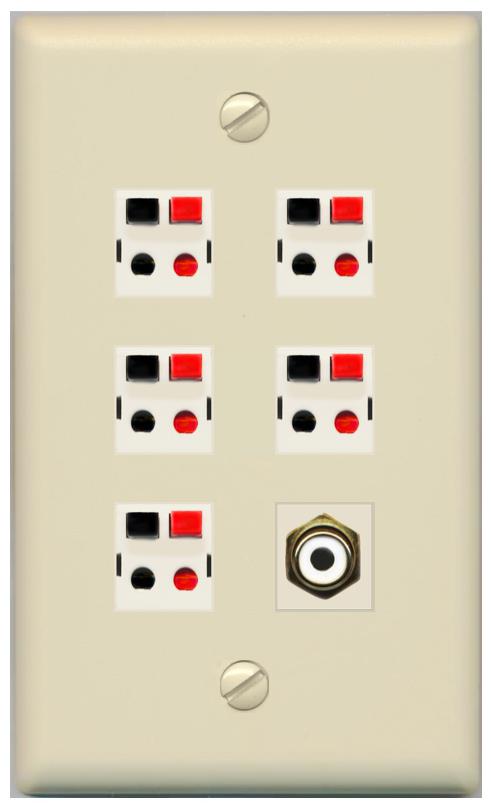 RiteAV 5 Port Speaker Wire Plug Jack Wall Plate with 1 RCA for Subwoofer - Flat [Ivory/Ivory]