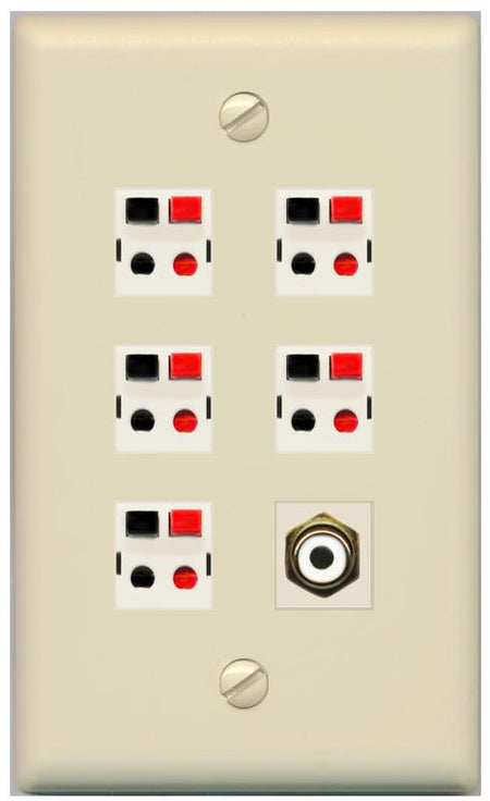 RiteAV 5 Port Speaker Wire Plug Jack Wall Plate with 1 RCA for Subwoofer - Flat [Ivory/Ivory]