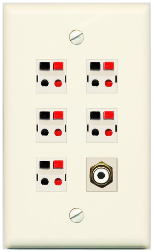 RiteAV 5 Port Speaker Wire Plug Jack Wall Plate with 1 RCA for Subwoofer - Flat [Light-Almond]