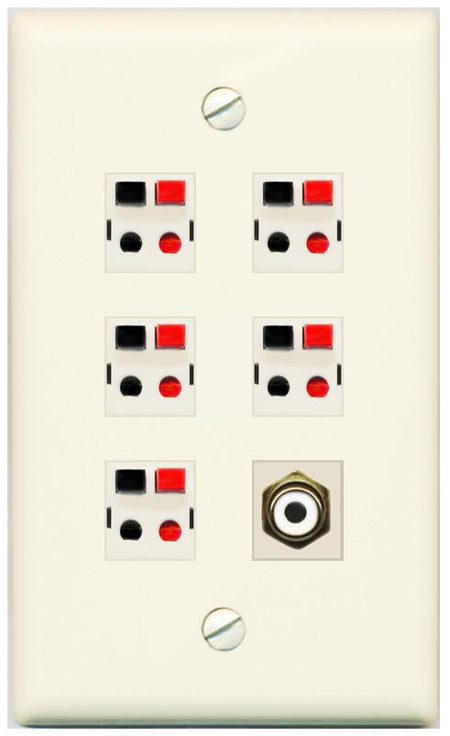 RiteAV 5 Port Speaker Wire Plug Jack Wall Plate with 1 RCA for Subwoofer - Flat [Light-Almond]
