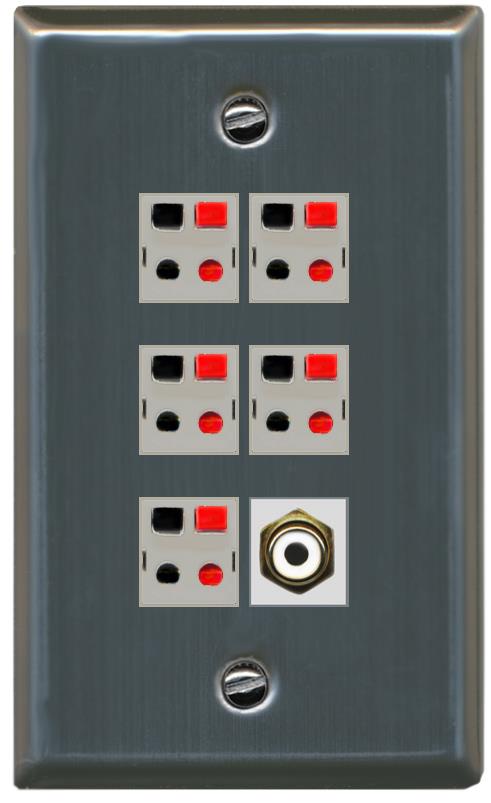 RiteAV 5 Port Speaker Wire Plug Jack Wall Plate with 1 RCA for Subwoofer - Flat [Stainless Steel]