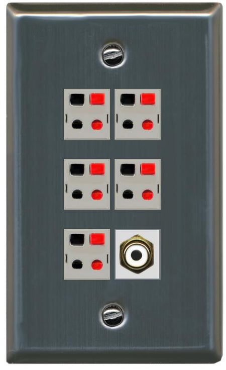 RiteAV 5 Port Speaker Wire Plug Jack Wall Plate with 1 RCA for Subwoofer - Flat [Stainless Steel]