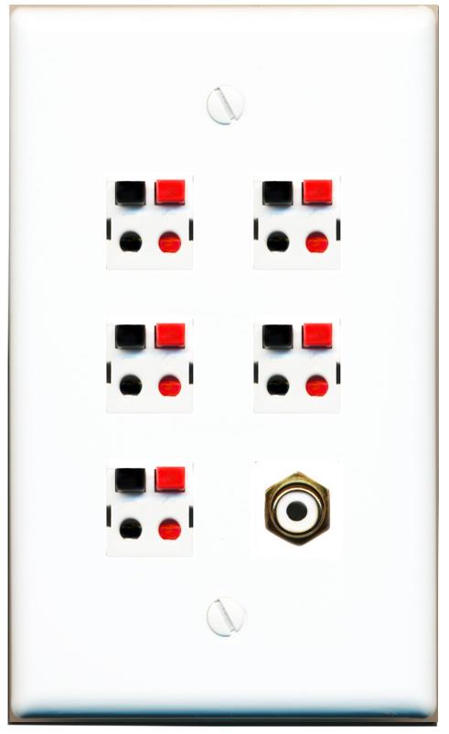 RiteAV 5 Port Speaker Wire Plug Jack Wall Plate with 1 RCA for Subwoofer - Flat [White]
