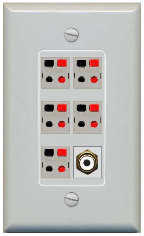 RiteAV 5 Port Speaker Wire Plug Jack Wall Plate with 1 RCA for Subwoofer - 1 Gang [Gray/Gray]