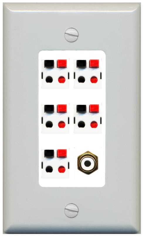 RiteAV 5 Port Speaker Wire Plug Jack Wall Plate with 1 RCA for Subwoofer - 1 Gang [Gray/White]