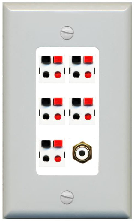 RiteAV 5 Port Speaker Wire Plug Jack Wall Plate with 1 RCA for Subwoofer - 1 Gang [Gray/White]