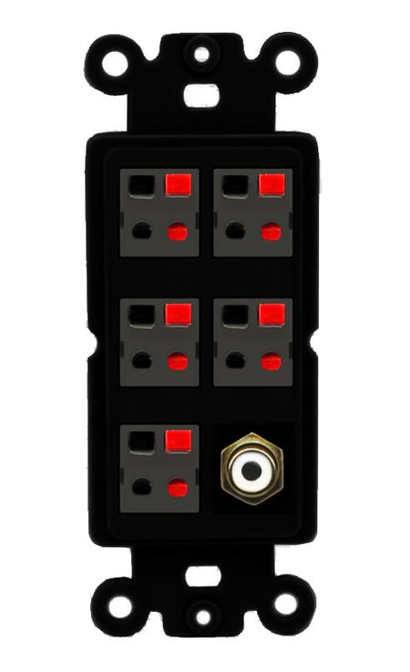 RiteAV 5 Port Speaker Wire Plug Jack Wall Plate with 1 RCA for Subwoofer - Rocker [Black/Black]