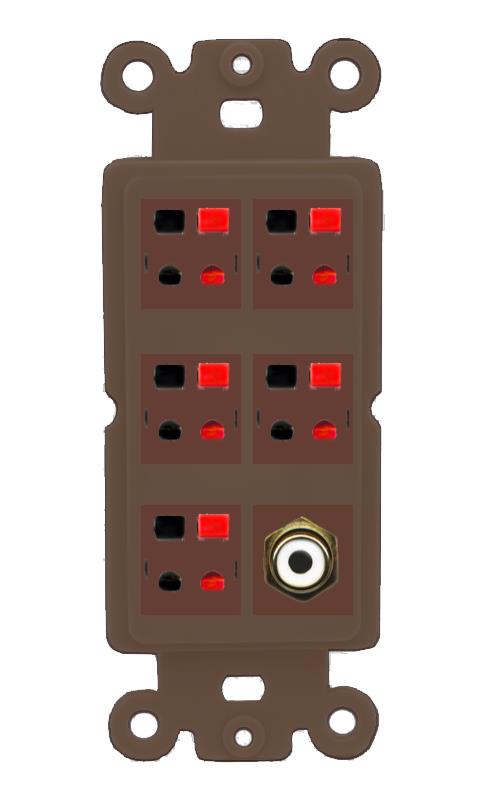RiteAV 5 Port Speaker Wire Plug Jack Wall Plate with 1 RCA for Subwoofer - Rocker [Brown/Brown]