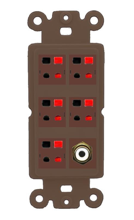 RiteAV 5 Port Speaker Wire Plug Jack Wall Plate with 1 RCA for Subwoofer - Rocker [Brown/Brown]