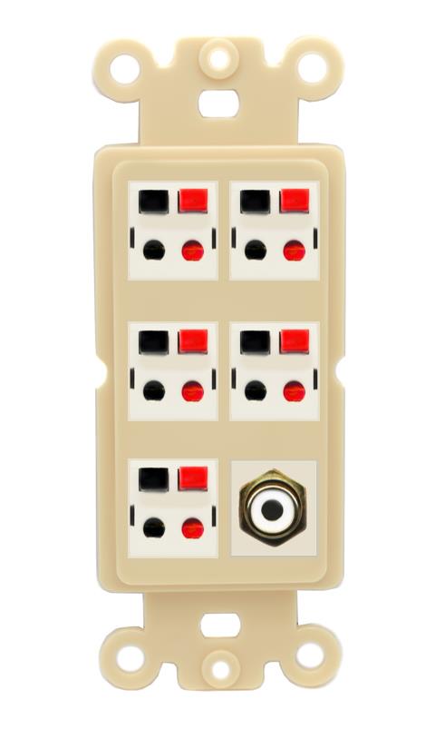 RiteAV 5 Port Speaker Wire Plug Jack Wall Plate with 1 RCA for Subwoofer - Rocker [Ivory/Ivory]