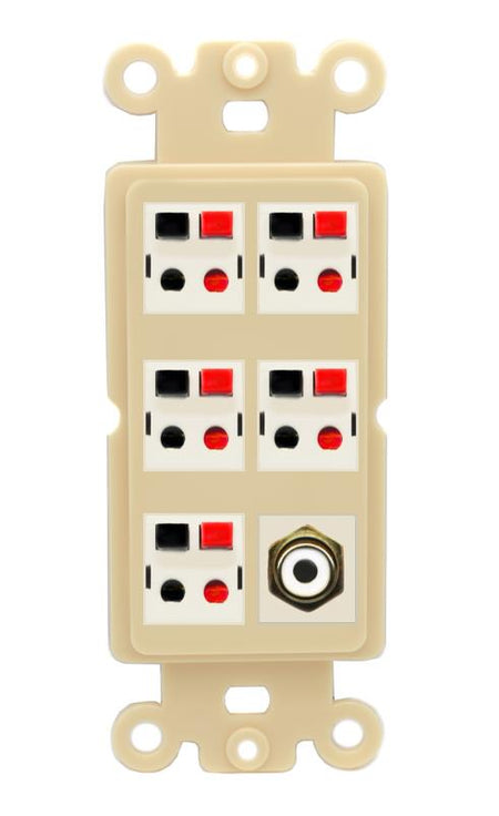 RiteAV 5 Port Speaker Wire Plug Jack Wall Plate with 1 RCA for Subwoofer - Rocker [Ivory/Ivory]