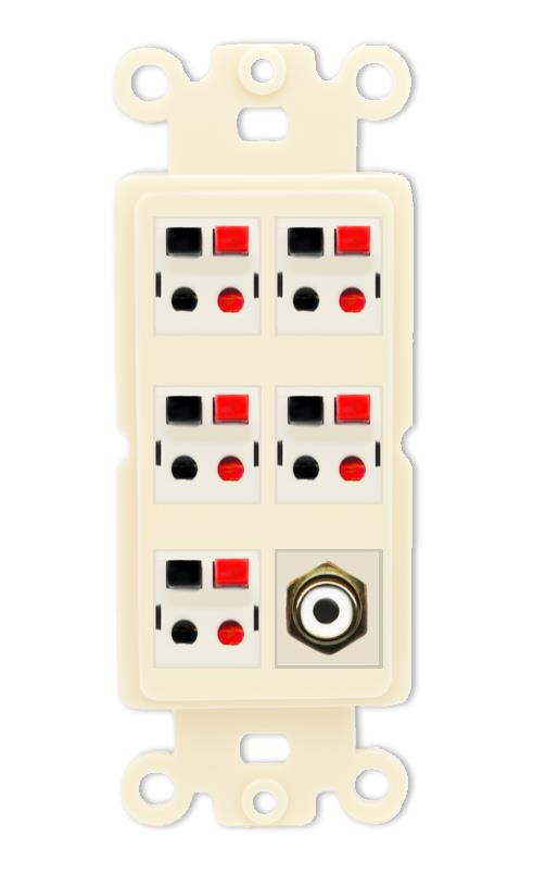 RiteAV 5 Port Speaker Wire Plug Jack Wall Plate with 1 RCA for Subwoofer - Rocker [Light-Almond]