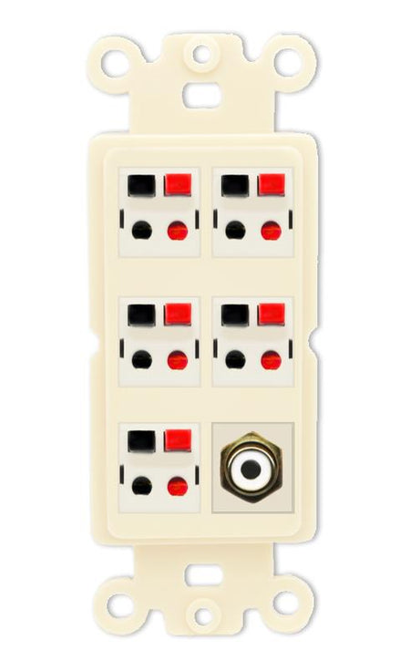 RiteAV 5 Port Speaker Wire Plug Jack Wall Plate with 1 RCA for Subwoofer - Rocker [Light-Almond]