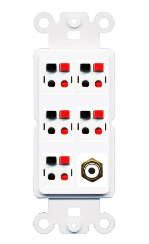 RiteAV 5 Port Speaker Wire Plug Jack Wall Plate with 1 RCA for Subwoofer - Rocker [White]