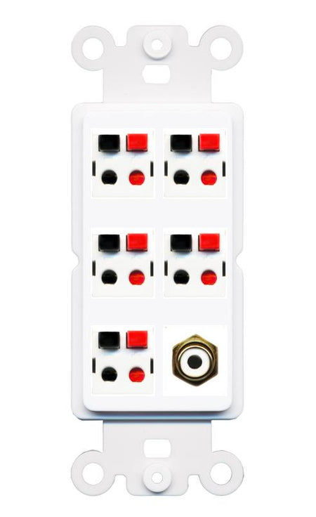 RiteAV 5 Port Speaker Wire Plug Jack Wall Plate with 1 RCA for Subwoofer - Rocker [White]