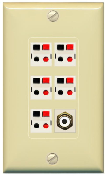 RiteAV 5 Port Speaker Wire Plug Jack Wall Plate with 1 RCA for Subwoofer - 1 Gang [Ivory/Ivory]