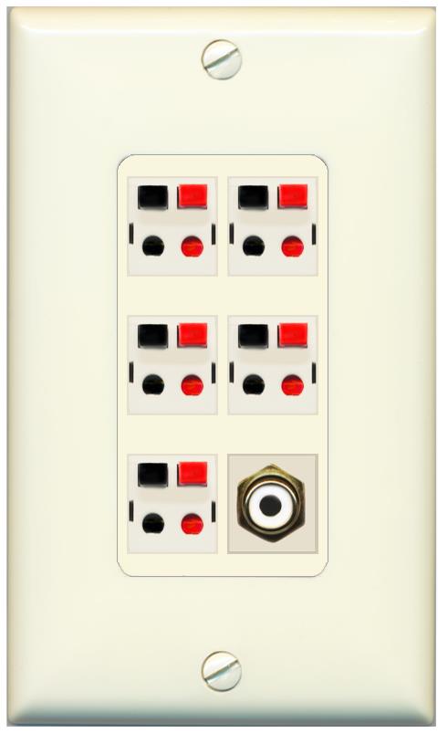 RiteAV 5 Port Speaker Wire Plug Jack Wall Plate with 1 RCA for Subwoofer - 1 Gang [Light-Almond]