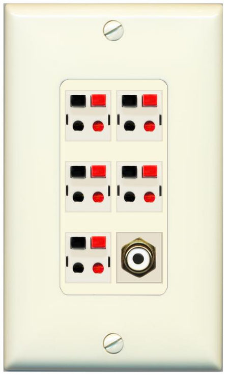 RiteAV 5 Port Speaker Wire Plug Jack Wall Plate with 1 RCA for Subwoofer - 1 Gang [Light-Almond]