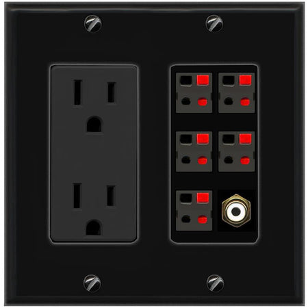 RiteAV 5 Port Speaker Wire Plug Jack Wall Plate with 1 RCA for Subwoofer - Outlet [Black/Black]