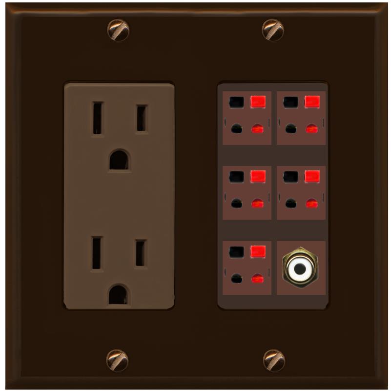 RiteAV 5 Port Speaker Wire Plug Jack Wall Plate with 1 RCA for Subwoofer - Outlet [Brown/Brown]