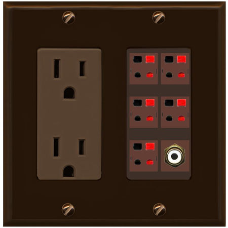 RiteAV 5 Port Speaker Wire Plug Jack Wall Plate with 1 RCA for Subwoofer - Outlet [Brown/Brown]
