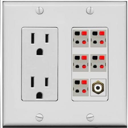 RiteAV 5 Port Speaker Wire Plug Jack Wall Plate with 1 RCA for Subwoofer - Outlet [Gray/Gray]